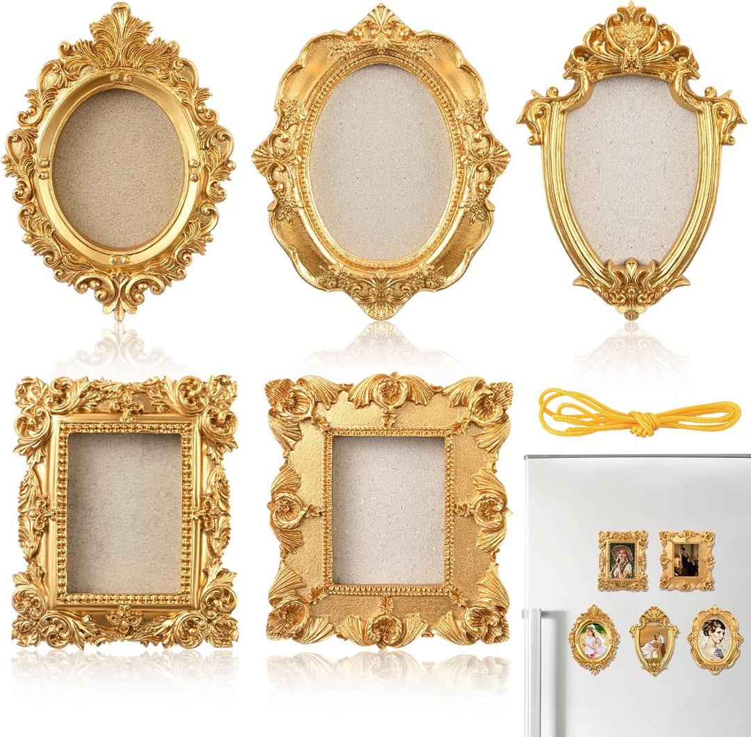Leinuosen 5 Pcs Golden Refrigerator Mini Frames Magnetic Vintage Picture Display with Back Small Antique Picture Frames with Hooks and Rope Refrigerator Magnets Photo Display Christmas Decor, Style A