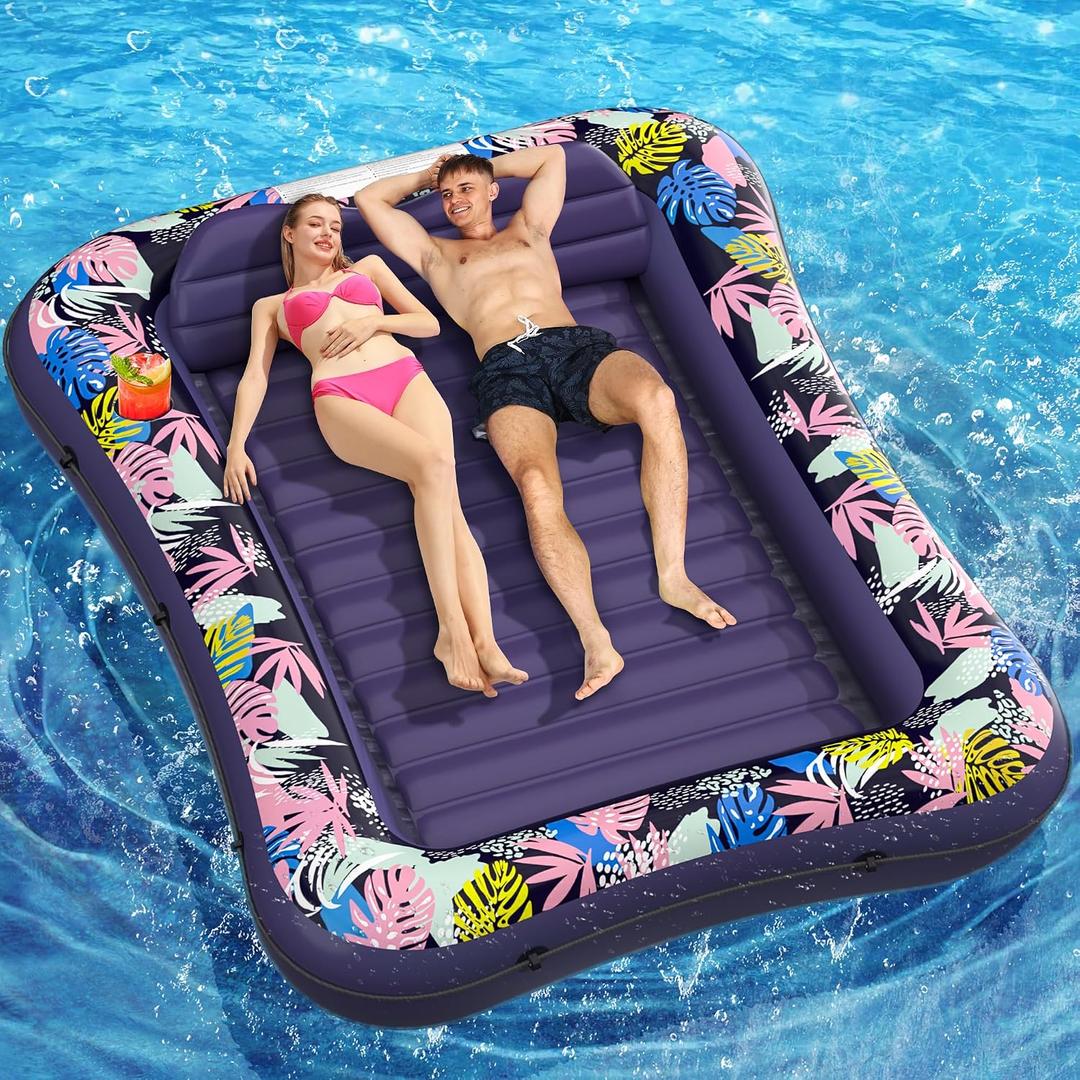 Inflatable Tanning Pool Lounger, OKSUWATER 87" x 63" Purple Pool Floats with Headrest & Cup Holder, Air Mattress Sun Tan Tub for Sunbathing, Outdoor, Seaside, Garden, Summer Water Bash (Purple-XL)
