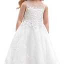 Tulle First Communion Dress Lace Appliques Flower Girl Dresses for Wedding Girls Pageant Ball Gown (8, White)