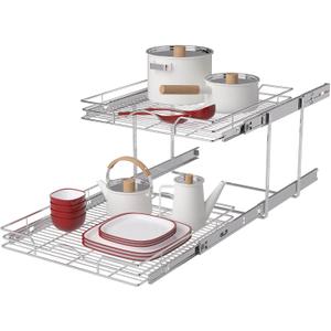 OCG 2 Tier Pull Out Cabinet Organizer (18.5" W x 18" D), Pull Out Drawers for Kitchen Cabinets, Pull Out Shelves for Base Cabinet Organization in Kitchen Bathroom Pantry, Chrome Finish