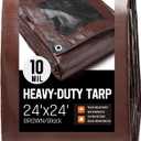 24 x 24 FT Waterproof Heavy Duty Tarp, 10 Mil Thick, Outdoor Furniture Covers, Plastic Insulated Tarpaulin for Camping Tent Roof Boat Patio Pool Cover, Large & Small Multi-Size Tarps, Brown/Black