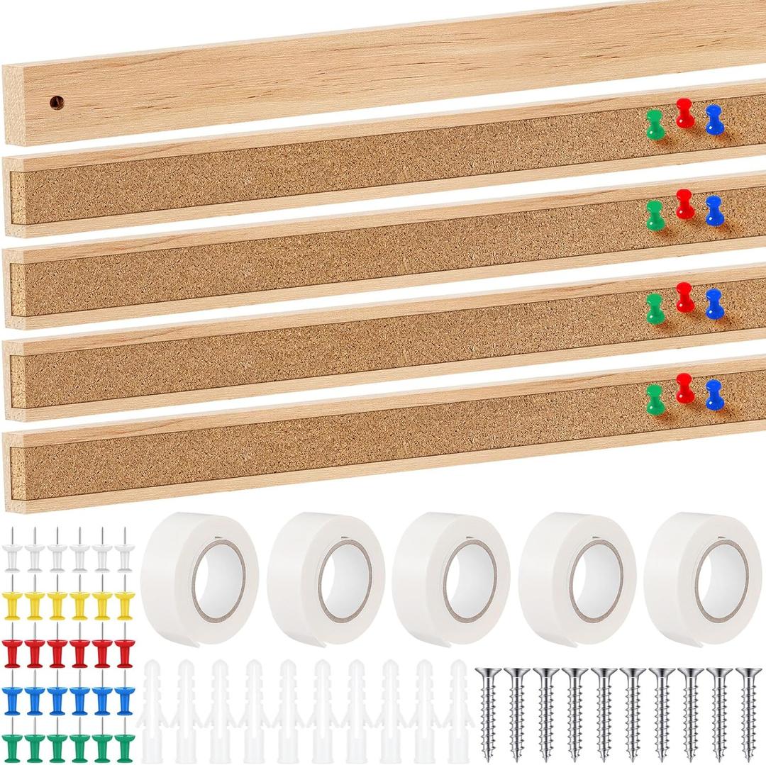 Threehoney 5 Pcs 48" x 1" Cork Strips Bulletin Bar Strips for Wall Bulletin Board Aluminum Trim Brown Cork Boards with Accessories for Paste Notes Photos Classroom Office Holiday Decor