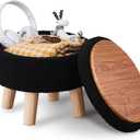 Wimarsbon Storage Ottoman, Modern Round Footrest with Soft Padded Seat, Teddy Velvet Footstool with Wood Legs, Accent Small Table or Plant Stand for Hallway, Living Room (Black)