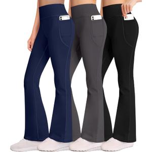 AENLLEY Girl Yoga Flare Wide Leg Tummy Control Stretchy Pants for Causal with Pockets 3 Pack (X-Large, Black/Grey/Navy)