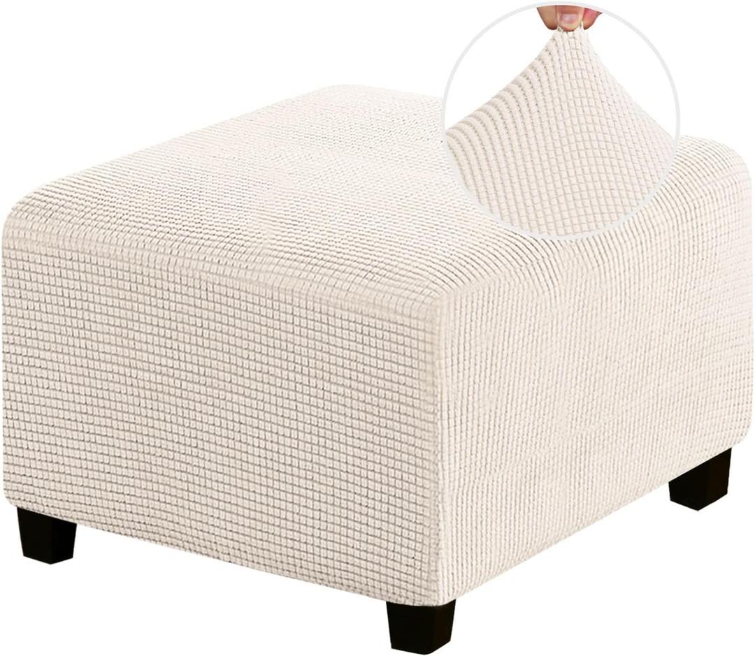 PrinceDeco Stretch Ottoman Cover Ottoman Slipcovers Square for Living Room Foot Stool Stretch Covers to Fit Ottoman Foot Rest, Thick Checked Jacquard Fabric with Elastic Bottom (Medium Size, Ivory)
