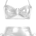 MakeMeChic Women's 2 Piece Gold Bikini Sets Metallic High Waisted Ruched Halter Tie Side Swim Bathing Suit, White, Small