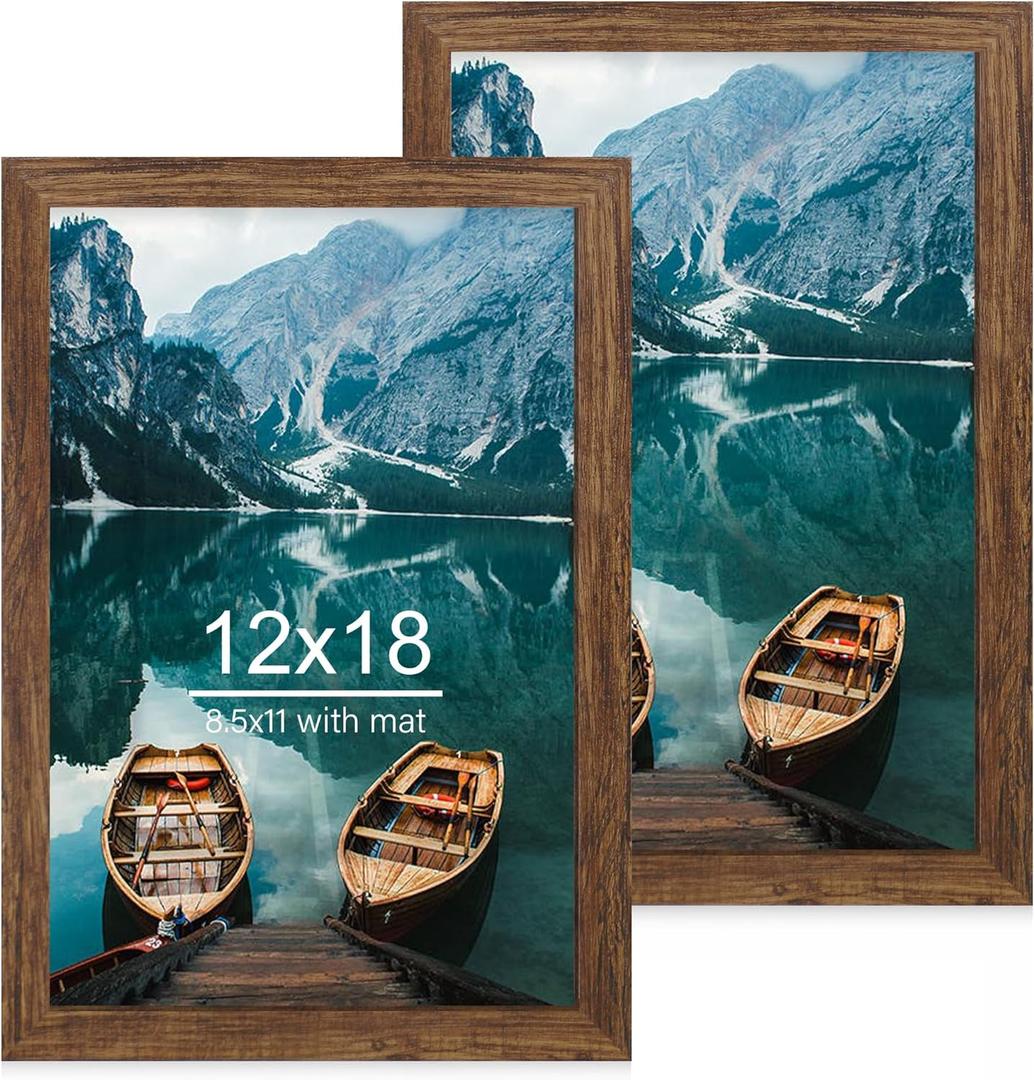 Hongkee 12x18 Frame Set of 2, Rustic Brown Wood Style, Display 12 x 18 Poster without Mat or 8.5x11 Picture with Mat, Wall Mounting Horizontal and Vertical