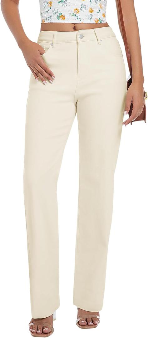 Tsher Womens High Waisted Jeans Stretchy Straight Leg Loose Fit Denim Pants Lightweight Tummy Control Trendy Jeans for Women (6, Beige)