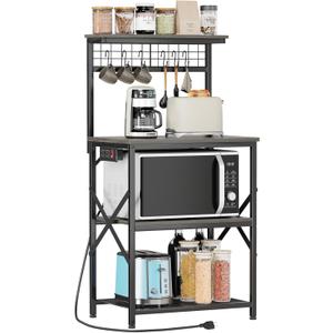 Furologee Kitchen Bakers Rack with Power Outlet, Coffee Bar Station with Storage 4 Tiers, Microwave Oven Stand with 6 S Hooks, Kitchen Storage Shelves Rack for Spices, Pots, Black Oak