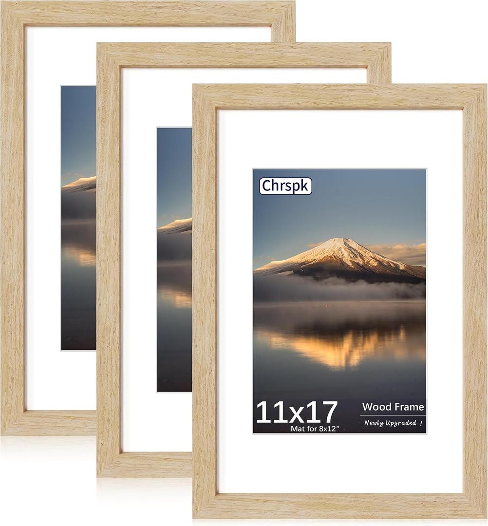 11x17 Poster Frame, Natural Oak Wood Frame with 8x12 Mat, 3 Pack
