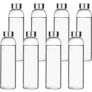 Encheng Glass Water Bottles,16oz Glass Drinking Bottle With Leakproof Stainless Steel Cap,Reusable Juice Bottles Beverage Drinkware,To Go Travel Bottles For Drink,Sauce,8Pack