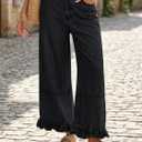 Cicy Bell Womens Ruffle Wide Leg Jeans Cropped Elastic High Waisted Baggy Denim Pants with Pockets (Black, S)