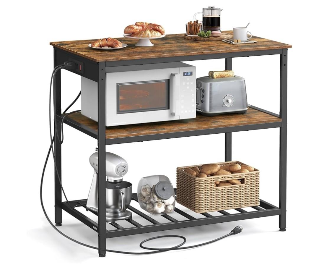 VASAGLE Kitchen Island with 3 Shelves, 39.4 Inches Width Kitchen Shelf with Power Strip, Large Worktop, Stable Steel Structure, Industrial, Easy to Assemble, Rustic Brown and Black UKKI105K01