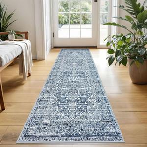KUTA Vintage Washable Runner Rug, 60x24 Runners Non-Slip Blue 5ft Hallway Kitchen Rugs Ultra Soft Printed Floral Distressed Tribal Farmhouse Carpet for Bedroom Entryway Decor