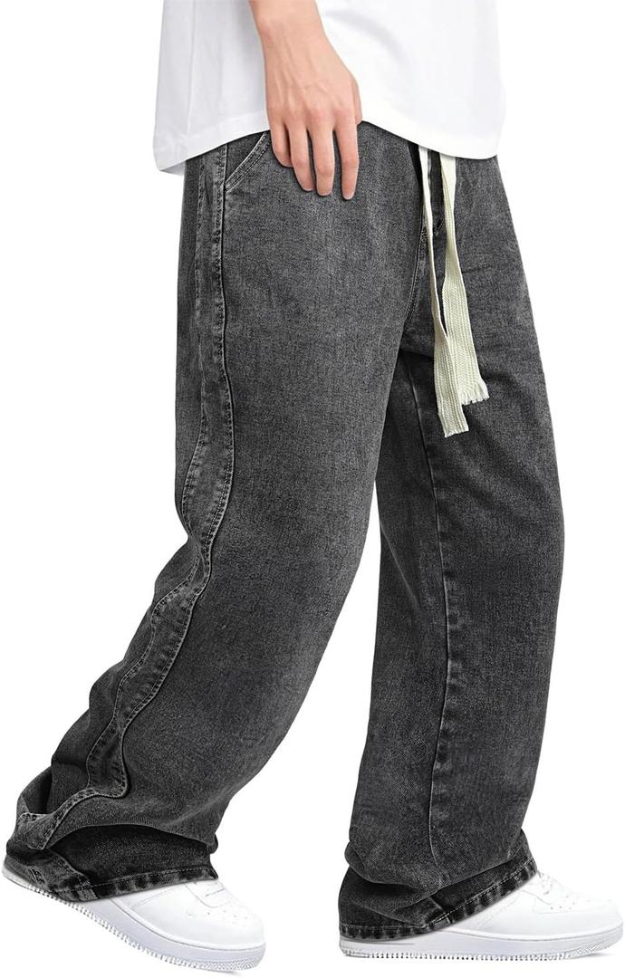 Mens Baggy Jeans Elastic Waisted Denim Pants for Men with Drawstring Streetwear (36, Dark Grey 1127)