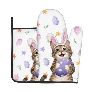 Easter Oven Mitts and Pot Holders Sets Easter Eggs Oven Mitts Heat Resistant Pink Bunny Rabbit Ears Cat Cute Kitchen Gloves Hot Pads Two Piece Set for Spring Cooking Baking Grilling BBQ