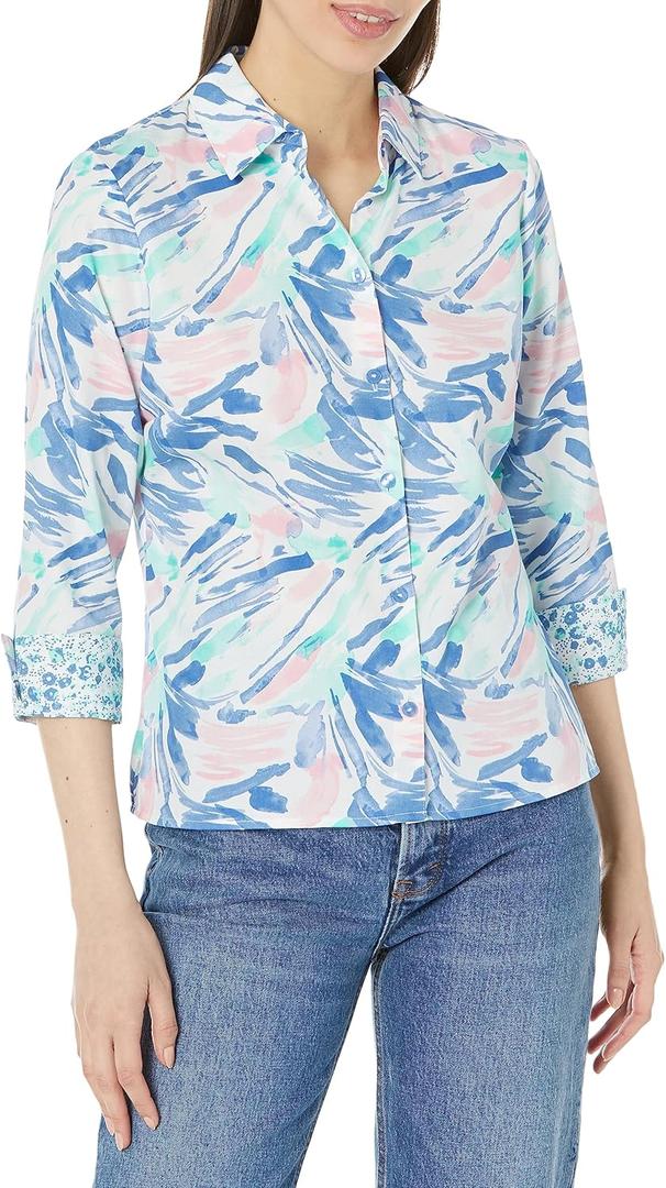 Foxcroft Women's Lucie 3/4 Sleeve Tropical Paint Strokes Shirt (6, Navy Multi)