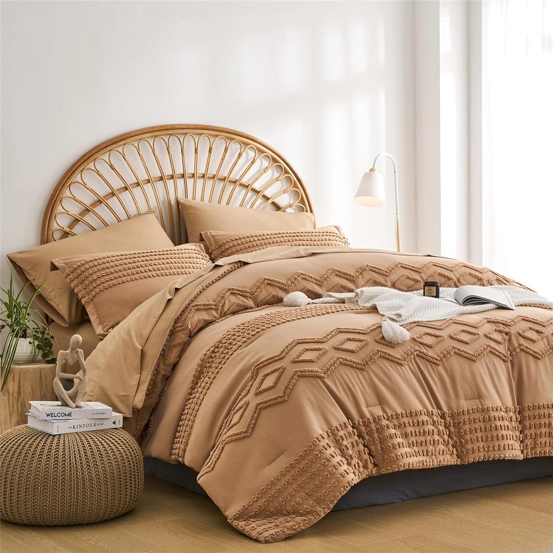 KAKIJUMN Khaki Tufted Comforter Set King Size 7 Piece Bed in a Bag, Shabby Chic Boho Comforter and Sheet Set, Pom Pom Textured Bed Set, All Season Soft Microfiber Complete Bedding Set(Khaki,King)