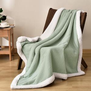 PHF Waffle Sherpa Throw Blanket, 50x60 Inches Luxury Plush Flannel Blanket for Winter, No Shed No Pilling, Cozy Soft Reversible Waffle Weave Fleece Throws for Bed and Couch, Sage Green