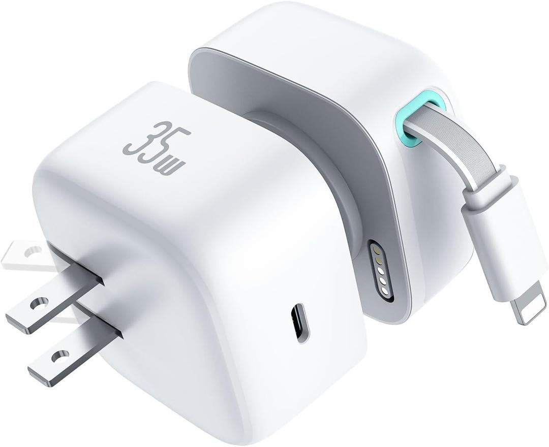 Retractable Charger for iPhone, 35W PD Fast Charger Block with Retractable Cable (31.5 inch) and Type C Ports, Portable Charger Adapter for iPhone 14/13 Pro Max/iPad/AirPods (White)