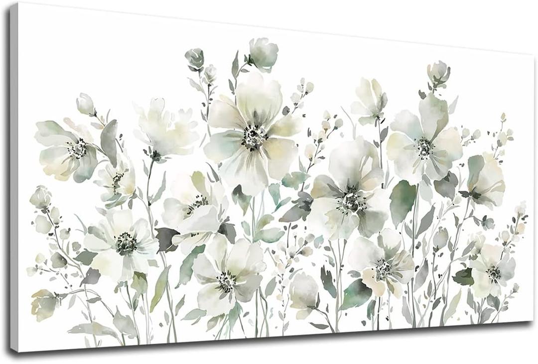 Elegant Flowers Wall Art Abstract Floral Pictures Wall Decor Modern Green Botanical Canvas Painting Flower Blossom Canvas Print Artwork for Living Room Bedroom Office Home Wall Decoration 20" x 40"