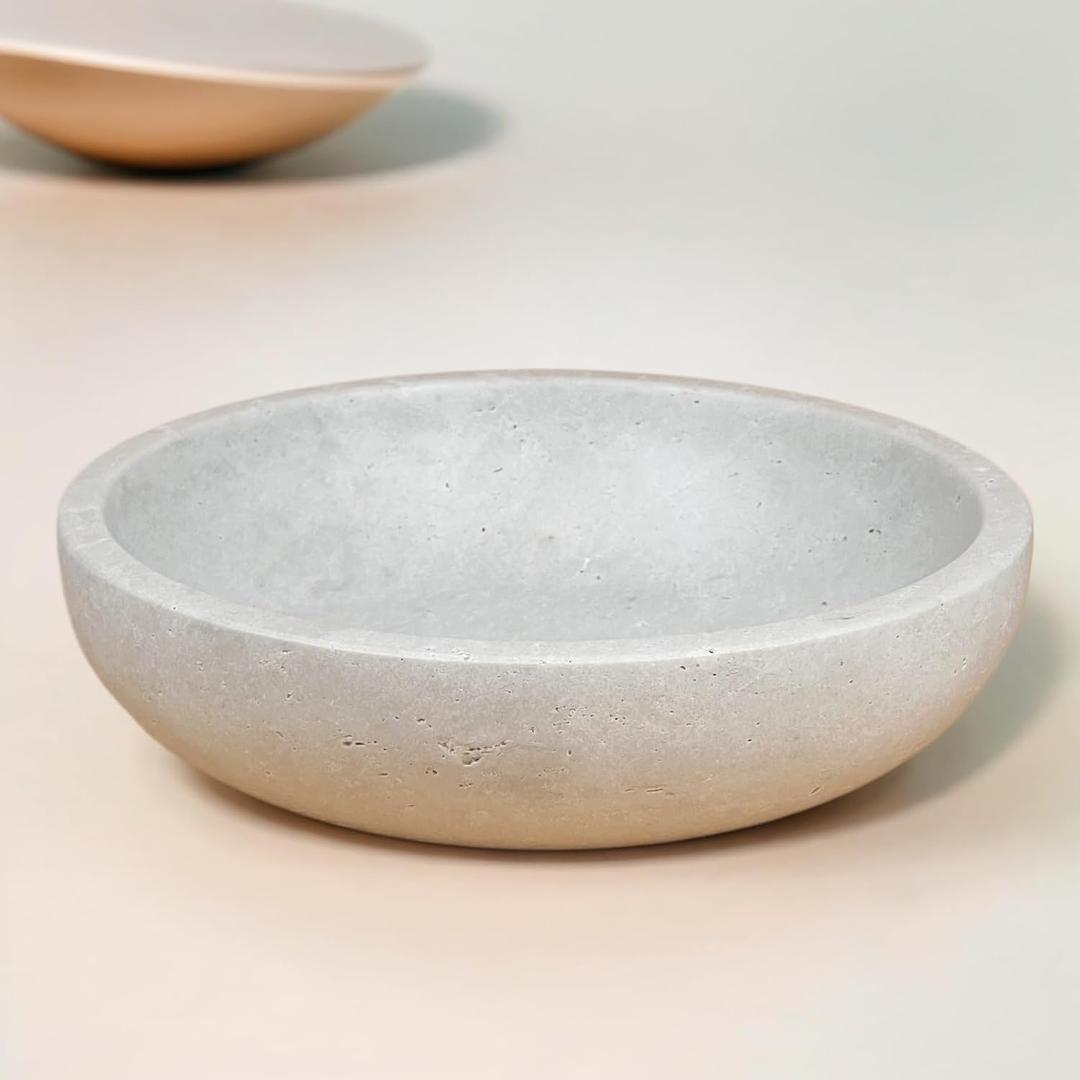Travertine Decorative Bowls for Home Decor, Fruit Bowl for Kitchen Counter, Keys Bowl for Entryway Table, Large Candy Serving Bowl for Table Centerpiece Office Modern Home Decor (Light Gray) (White)