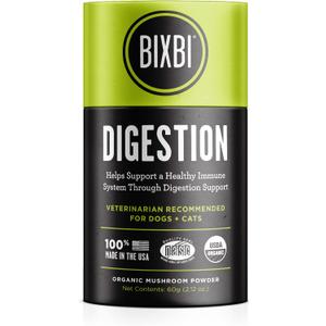 BIXBI Dog & Cat Clean Digestion Support, 2.12 oz (60 g) - All Natural Organic Pet Superfood - Daily Mushroom Powder Supplement - USA Grown & USA Made - Veterinarian Recommended for Dogs & Cats, Exp Date: 08/26