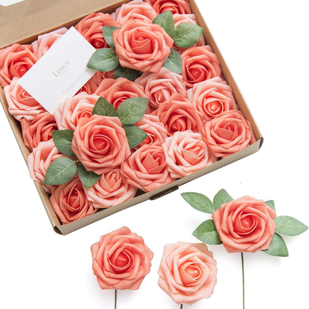 Ling's moment Artificial Flowers 25Pcs Deep Coral Roses Decor w/Stems,3" Real Touch DIY Foam Floral for Wedding Bouquet/Centerpieces, Outdoors Party Backdrop, Room/Table, and Garden/Pot Decorations (Pk- Coral & Peach Pearl)