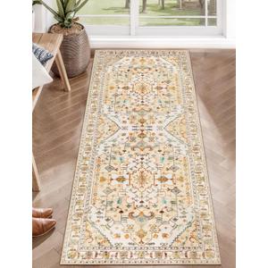 SERISSA Boho Washable Runner Rug, 2x5 Rug Runner Non-Slip Vintage Light Yellow Hallway Kitchen Runner Rug Ultra Soft Print Distressed Floor Carpet Runner for Bedroom Bathroom Laundry Living Room