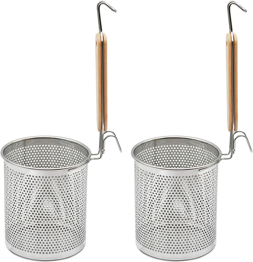 Stainless Steel Pasta Strainer, 2pcs Micro-Perforated Food Dumpling Noodle Strainer with Wood Handle Straining Noodles Pasta Baskets (5.5 Inch)