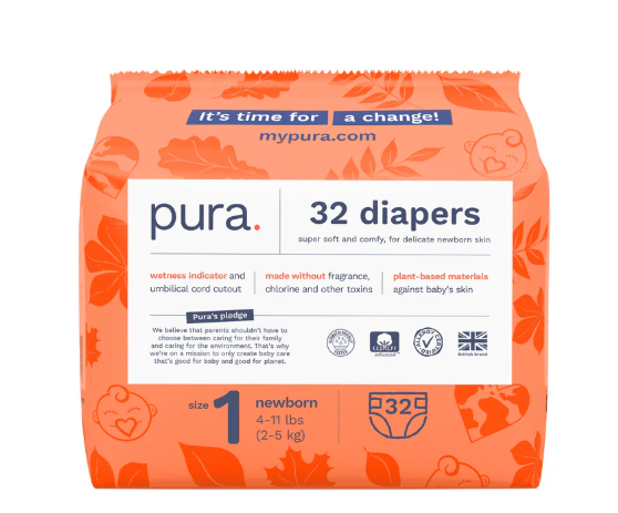 Pura Hypoallergenic Diapers, Size 1 (411lbs), Newborn, Totally Chlorine Free, Wetness Indicator, Suitable for Sensitive Skin, Soft Organic Cotton Comfort, Overnight, 3 Packs of 32 (96 Baby Diapers)