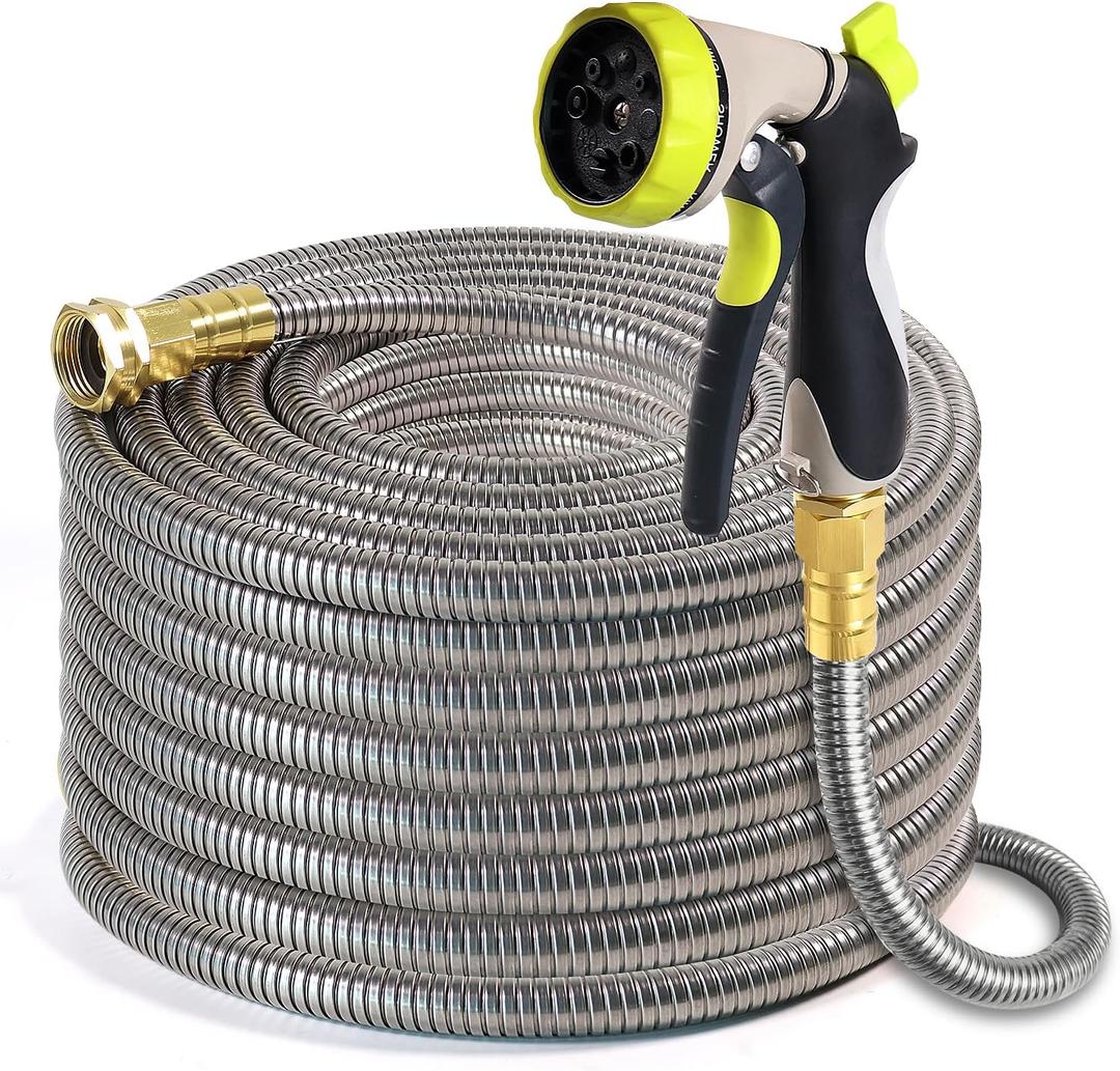 Metal Garden Hose 25 ft  304 Stainless Steel Water Hose with Nozzle Sprayer, Garden Hoses Flexible, Lightweight, No Kink, Heavy Duty for Outdoor (25 ft) (Silver)