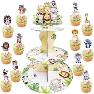 3-Tier Cupcake Stand with 24 Wild One Cupcake Toppers for Safari Baby Shower Decoration