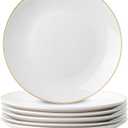 Brew To A Tea - White Dessert Plates with Gold Rim, Set of 6, 8" Round, Porcelain, Elegant Style, Dinner Plates