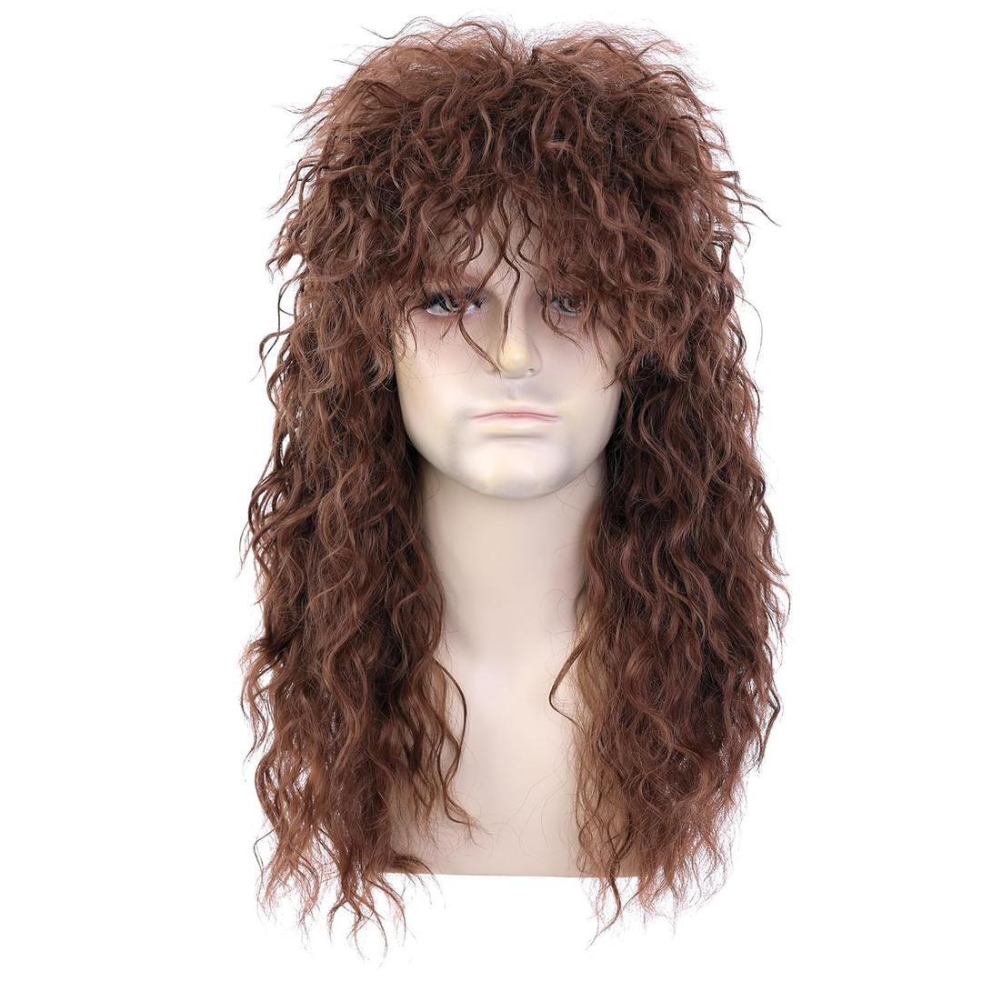 morvally Mens Women 80s Rockstar Style Long Brown Curly Punk Rock Hair Wig Glam Rock-Rocker Wig Perfect for Halloween, Cosplay, DIY Themed Costume Party