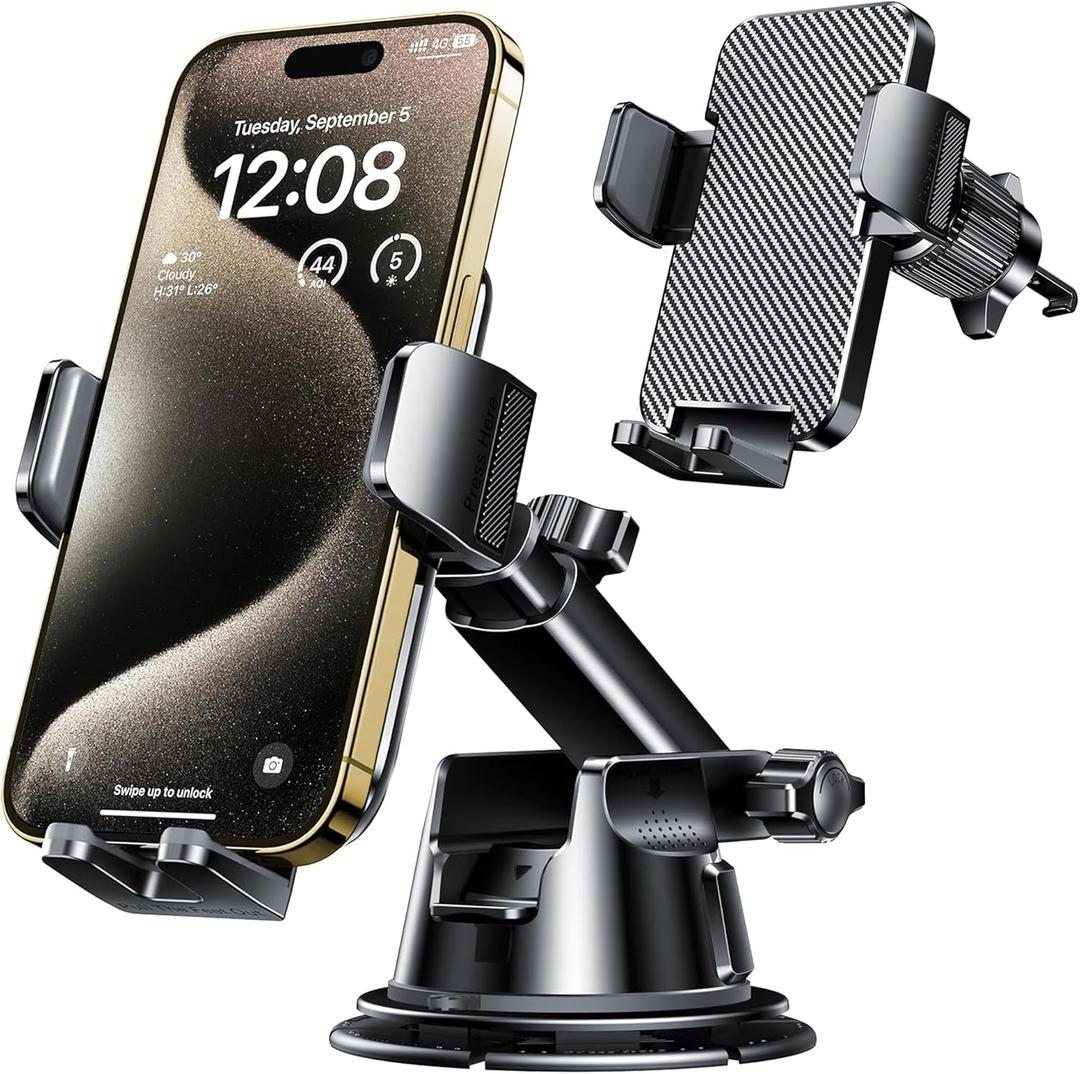 Qifutan Dash Mounted Holders Phone Holders for Your Car Phone Mount for Car Windshield Dashboard Air Vent Universal Desk Mounts Hands Free Automobile Cell Phone Holder Fit for iPhone Smartphone, Black