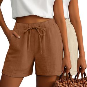 Riyiper 2 Pack Casual Linen Shorts for Women, Drawstring Elastic Waist Split Side Summer Line Comfy Lounge Short with Pocket, XL