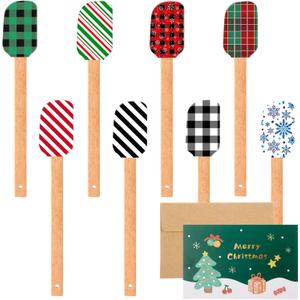 8 Pieces Christmas Silicone Spatula Santa Claus Pattern Set Xmas Cake Silicone Spatula with Wooden Handle for Kitchen Stirring Cooking Baking(Stripe Color)