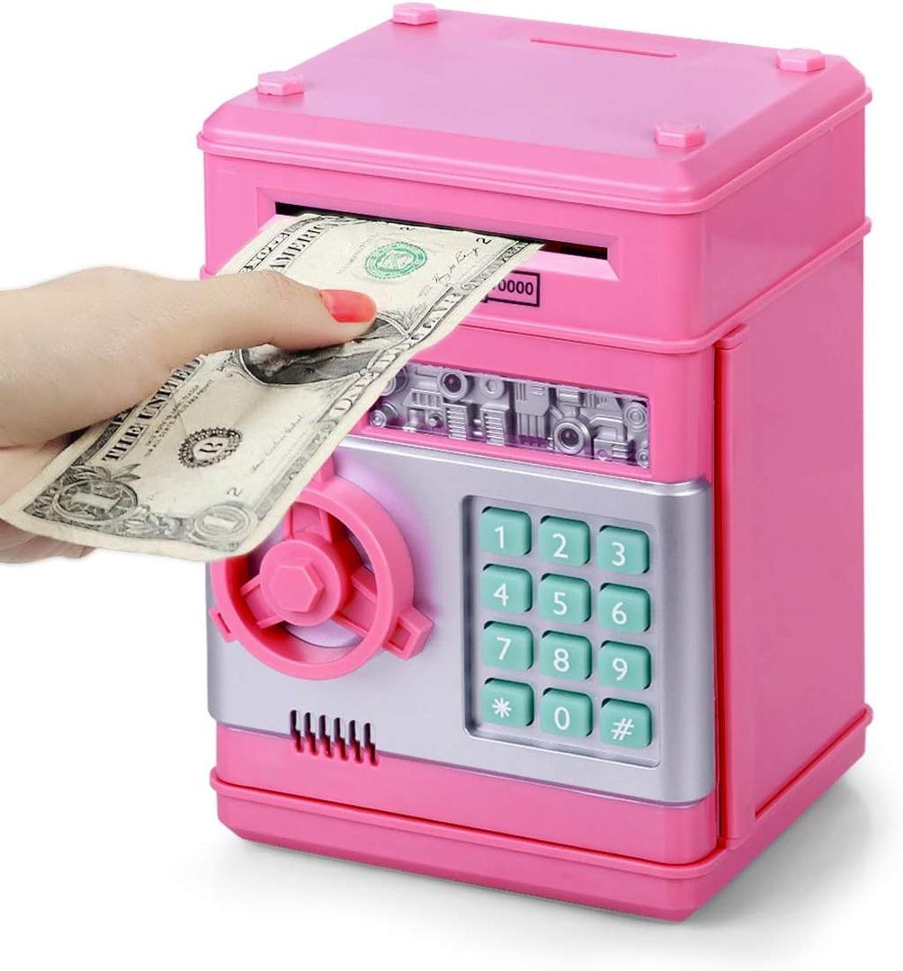 Refasy Piggy Bank Cash Coin Can ATM Bank Electronic Coin Money Bank for Kids Age 3-12, Money Savings Box Mini ATM Coin Bank Toys Gifts for 3 4 5 6 7 8 9 10 11 12 Year Old Boys Girls (Pink)