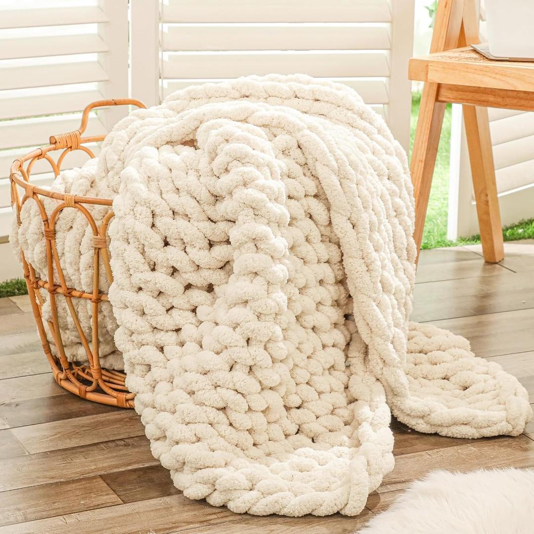 Bigacogo Chunky Knit Throw Blanket for Couch, 40x60 inches, 100% Hand Knitted with Thick Jumbo Chenille Yarn, Cozy Soft Large Rope Knot Cable Crochet Blankets for Sofa Bed Living Room, Beige, 40"x60" (Medium Size Throw