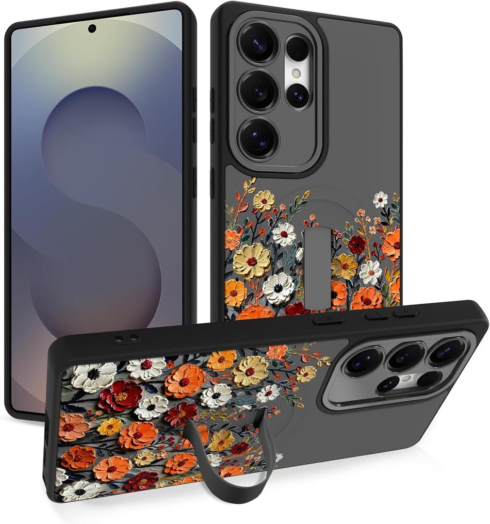 Case with Strap Stand for Samsung Galaxy S25 Ultra, Floral Flowers | Wireless Charging Compatible, Finger Strap Stand, Kickstand, Shockproof Protection, Soft TPU and Hard PC, for Women