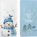 Blue Christmas Snowman Decor Kitchen Towels Set of 2, Winter Christmas Hand Towels for Bathroom, Blue Winter Xmas Tree Snowman Bird Dish Tea Towel for Kitchen, 16x24 Inch