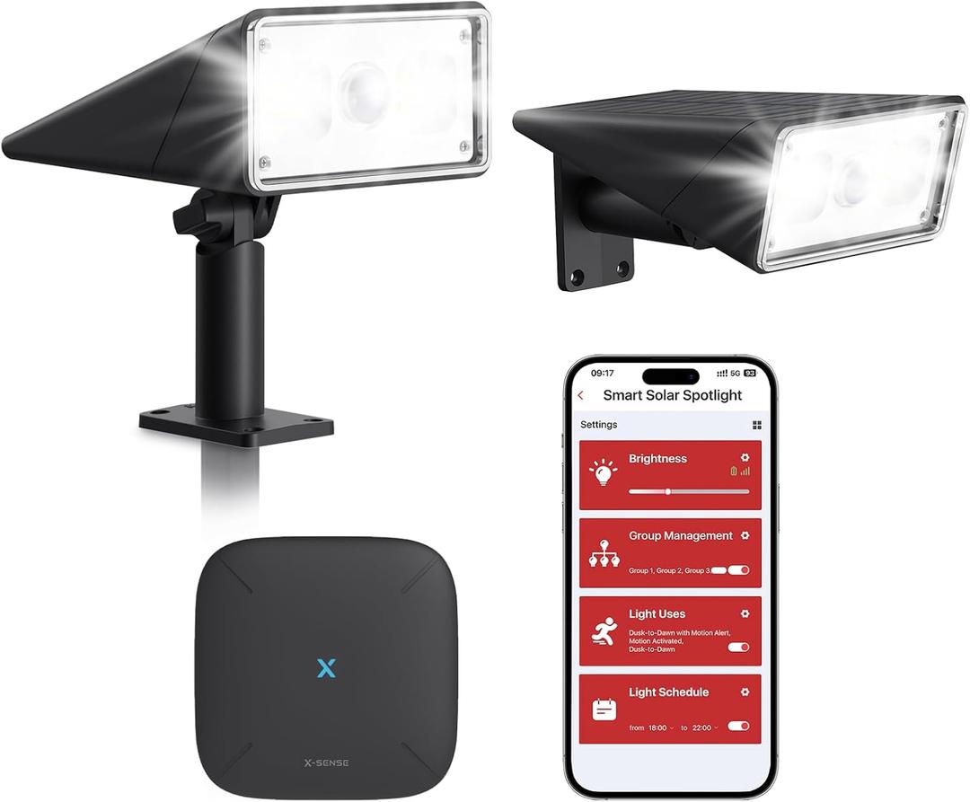 X-Sense Smart Solar Lights Outdoor Waterproof, 2-in-1 Solar Spotlights with Motion Detector, APP Control, 3 Lighting Modes Lights for Outside, Yard, Cool White, 2-Pack with Base Station