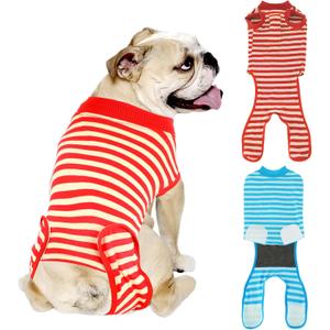 2 Packs Breathable Cotton Dog Recovery Suit for After Neuter Spay Abdominal Wounds Protector, Professional Anti-Licking Onesies for Male Female Pets Surgery Bandages, L Red & Blue Stripes