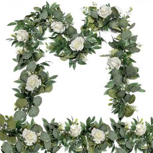 2 Pack Artificial Spring Eucalyptus Flower Garland with White Roses, 13Ft Fake Flower Greenery Floral Green Garland Vines for Wedding Arch Table Runner Backdrop Mantle Home Decorations (White)