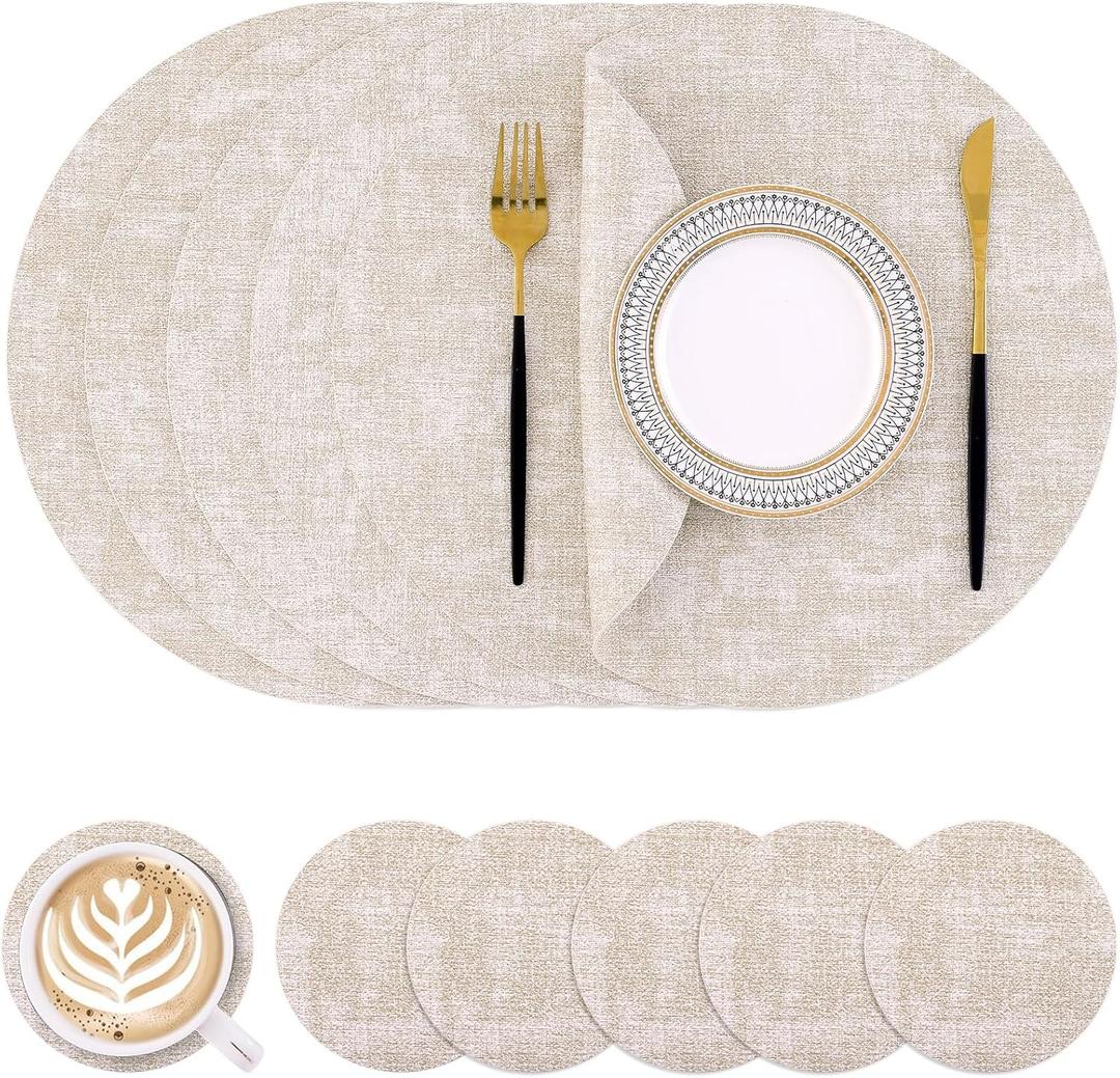 Homaxy Round Faux Leather Placemats and Coasters, Washable Dual-Side Table Mats, Wipeable Heat-Resistant Dining Place Mats for Outdoor and Indoor, Set of 6, Diameter 13 and 3.93 inch, Beige
