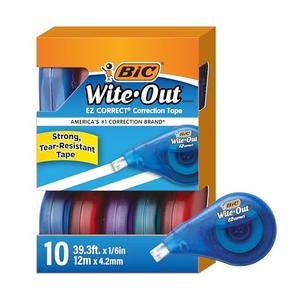BIC Wite-Out EZ Correct Tear-Resistant Correction Tape with 39.3 ft of Tape, 10-Count Pack in White