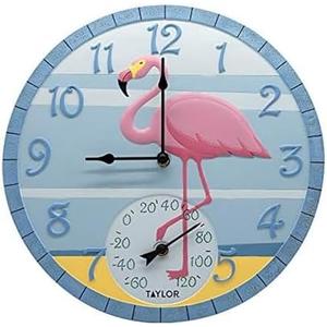 Taylor Flamingo Poly Resin Indoor and Outdoor Clock and Thermometer, Wireless Thermometer with Easy to Read Large Numbers for Patio, Pool, and Indoor Areas, 14-inch, Multi-Color
