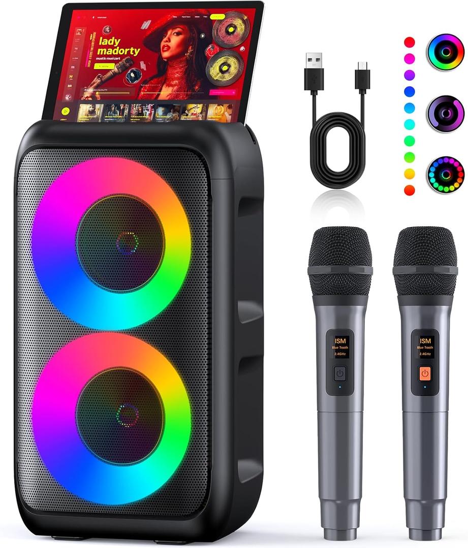 Karaoke Machine, Portable Bluetooth Speaker, PA Speaker with 2 Wireless Karaoke Microphones, Karaoke Machine for Adults Kids with Upgraded Subwoofer, Support TWS/TF/USB/AUX for Home Party Outdoor (Black)