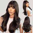 N NAYASA Dark Brown Wig with Bangs Brown Wigs for Women 24 Long Wavy Layered Synthetic Natural Looking Wigs for Daily Party Use